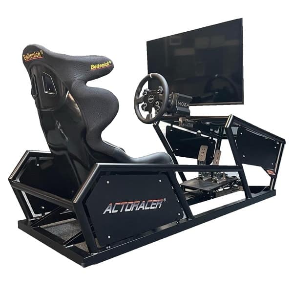 An Actoracer racing simulator based on a tubular steel frame with racing seat, racing steering wheel and a large computer monitor.